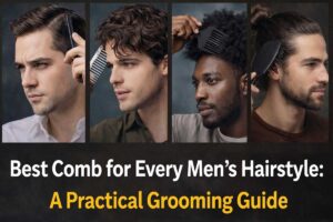 Four men with different hairstyles using the best comb and brush for their hair type, showing a men’s grooming guide for styling hair correctly