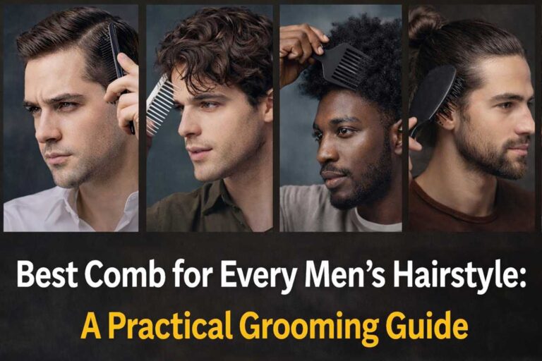 Four men with different hairstyles using the best comb and brush for their hair type, showing a men’s grooming guide for styling hair correctly