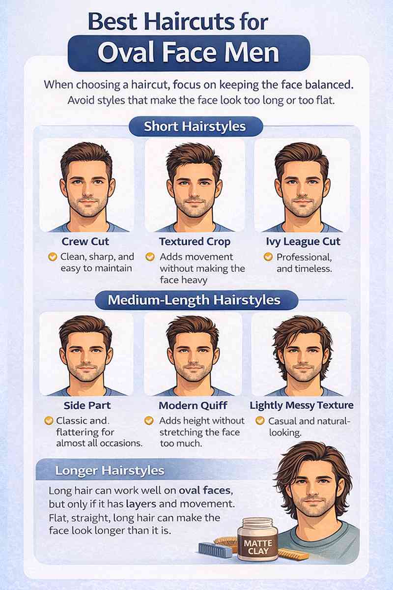 Best haircuts for oval face men including crew cut, textured crop, side part, modern quiff, and layered long hairstyles.