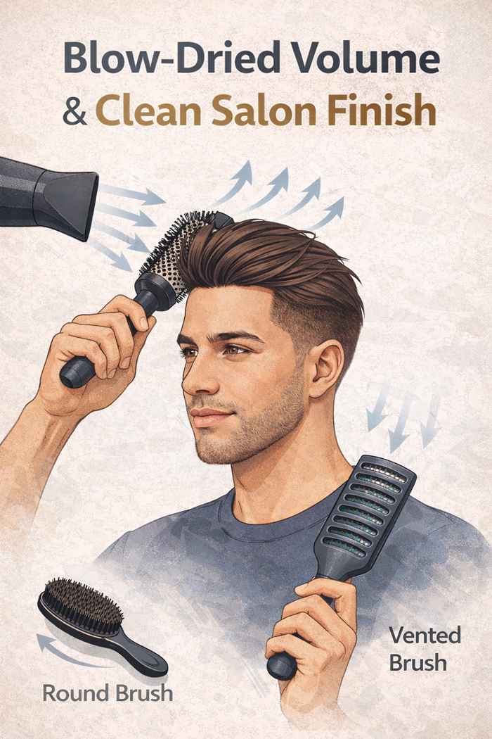 Vector illustration showing a man using a round brush and vented brush with a blow dryer to create blow-dried volume and a clean salon finish