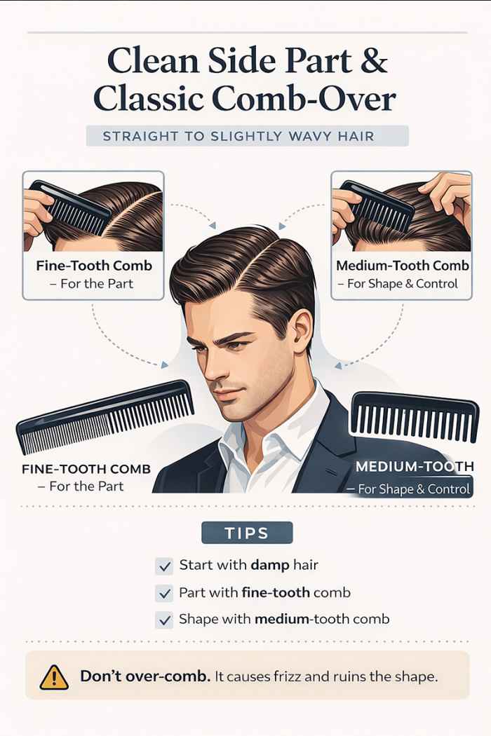 Vector illustration showing a clean side part and classic comb-over hairstyle for men using a fine-tooth comb and medium-tooth comb with styling tips