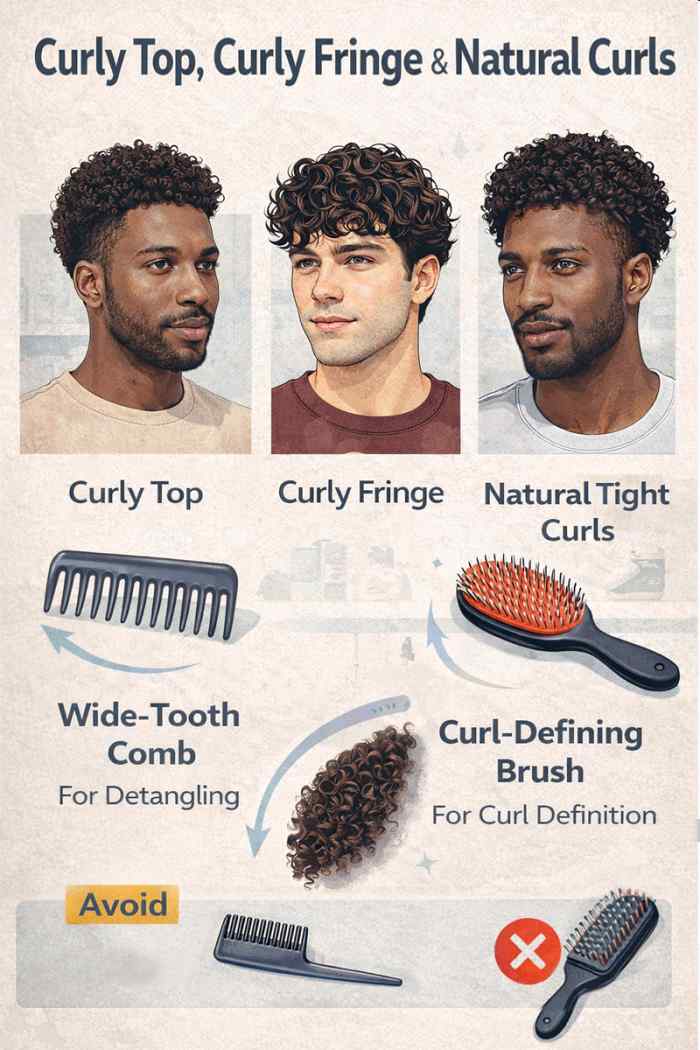 Vector illustration showing men with curly top, curly fringe, and natural tight curls using a wide-tooth comb and curl-defining brush, with a fine-tooth comb marked to avoid