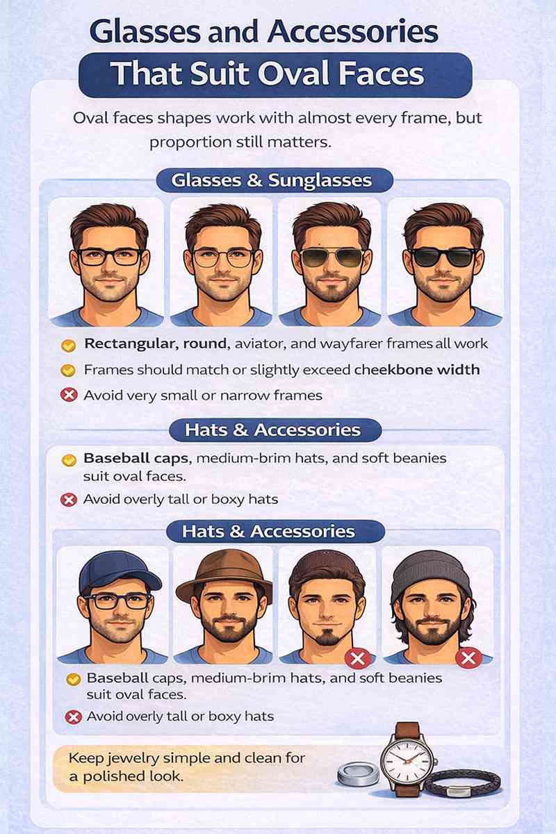 Glasses and accessories that suit oval face men including rectangular, round, aviator frames, hats, and simple jewelry