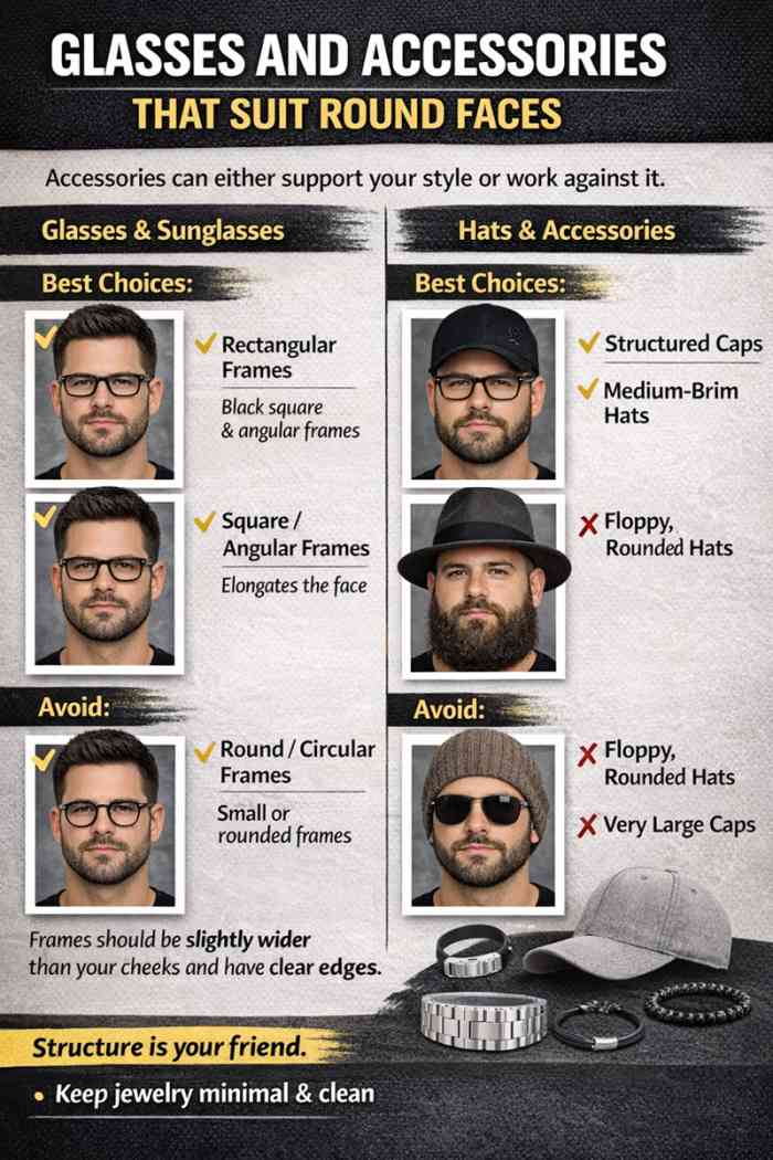 Best glasses, sunglasses, hats, and accessories for men with round face shape showing frames to choose and styles to avoid