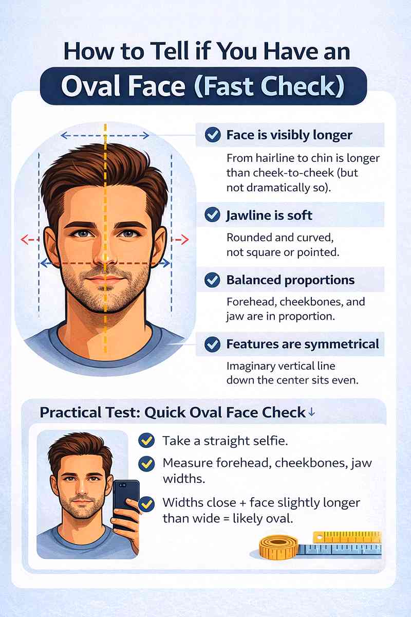 How to tell if you have an oval face shape for men using face length, jawline shape, and balanced proportions.