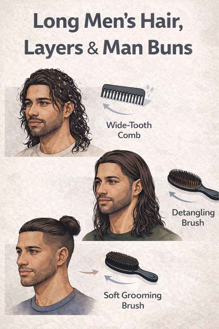 Vector illustration showing long men’s hair, layers, and a man bun using a wide-tooth comb on damp hair and a detangling brush for smooth styling