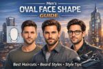 Men with oval face shape showing best haircuts, beard styles, and glasses styling guide 2026