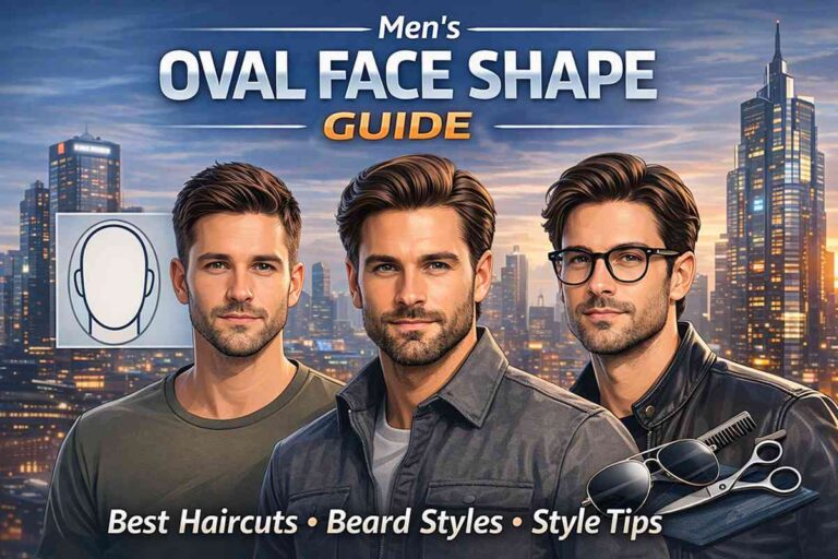 Men with oval face shape showing best haircuts, beard styles, and glasses styling guide 2026