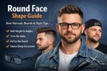 Men with round face shape showing best haircuts, beard styles, glasses, and styling tips for a sharper look.