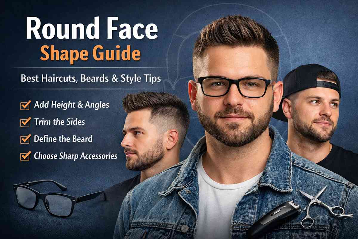 Men with round face shape showing best haircuts, beard styles, glasses, and styling tips for a sharper look.