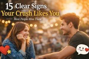 A young man and woman smiling while talking, showing subtle signs your crush likes you through body language and attention