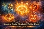 Smartest zodiac sign in the zodiac circle with glowing brain and astrology symbols