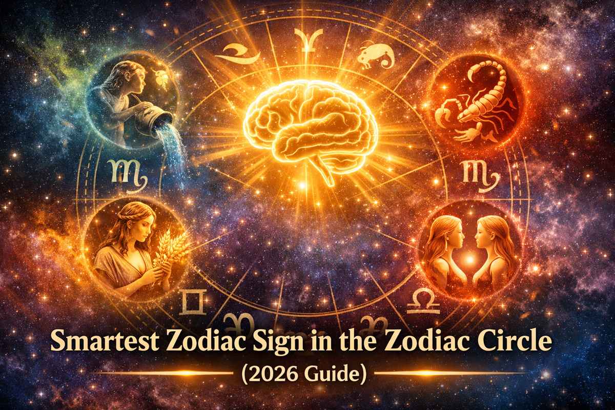 Smartest zodiac sign in the zodiac circle with glowing brain and astrology symbols