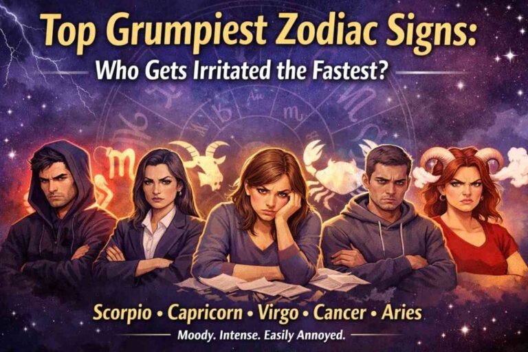 Top grumpiest zodiac signs astrology showing Scorpio, Capricorn, Virgo, Cancer, and Aries with moody expressions.