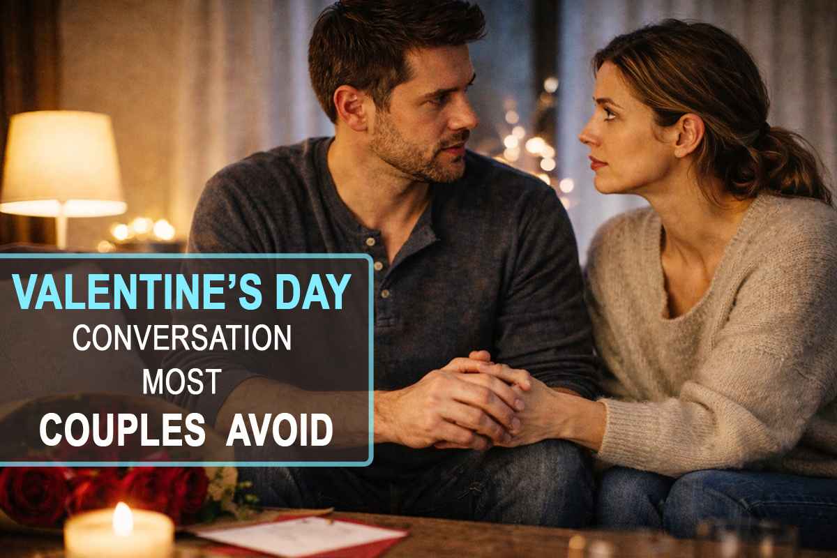 A couple sitting closely and holding hands while having a serious Valentine’s Day conversation they usually avoid.