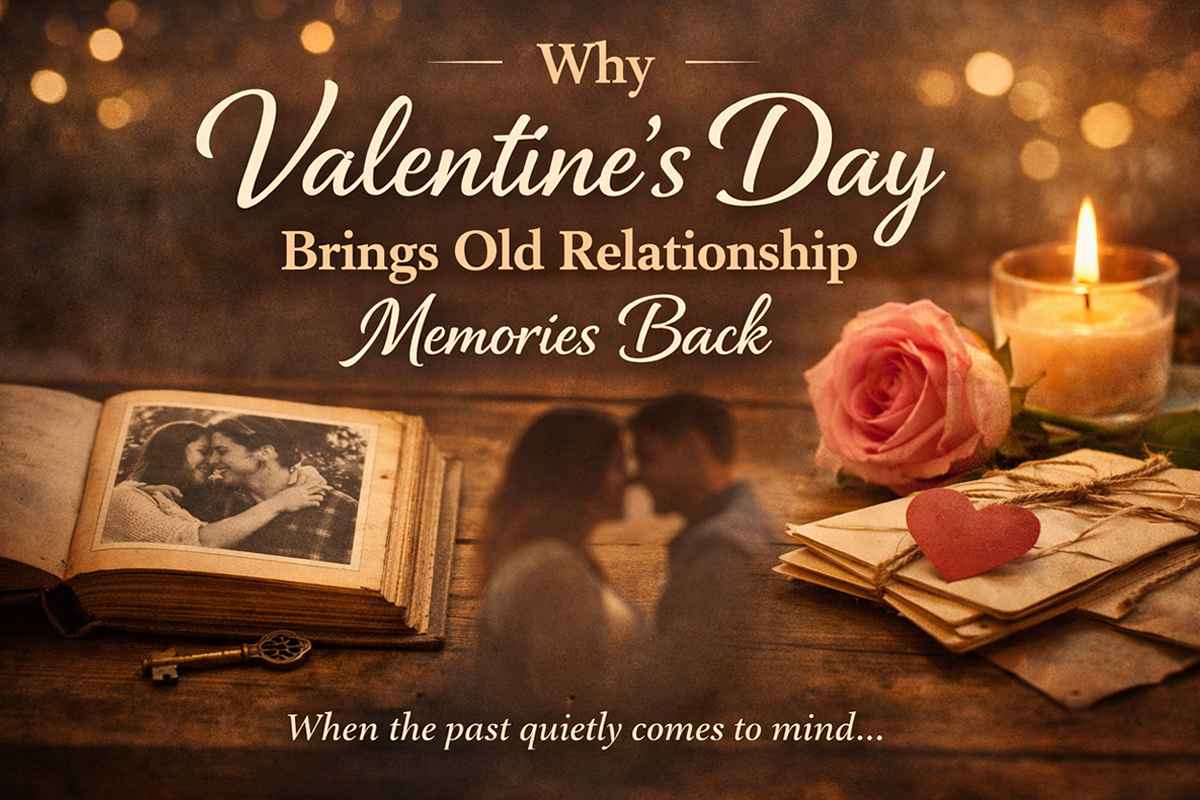 Valentine’s Day nostalgia showing old relationship memories, love letters, and past emotions resurfacing quietly.