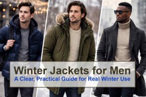 Men wearing different types of winter jackets including puffer jackets, parka jackets, bomber jackets, wool coats, and insulated shell jackets in cold weather