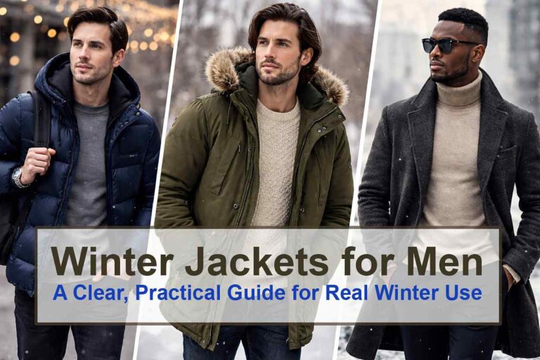 Men wearing different types of winter jackets including puffer jackets, parka jackets, bomber jackets, wool coats, and insulated shell jackets in cold weather