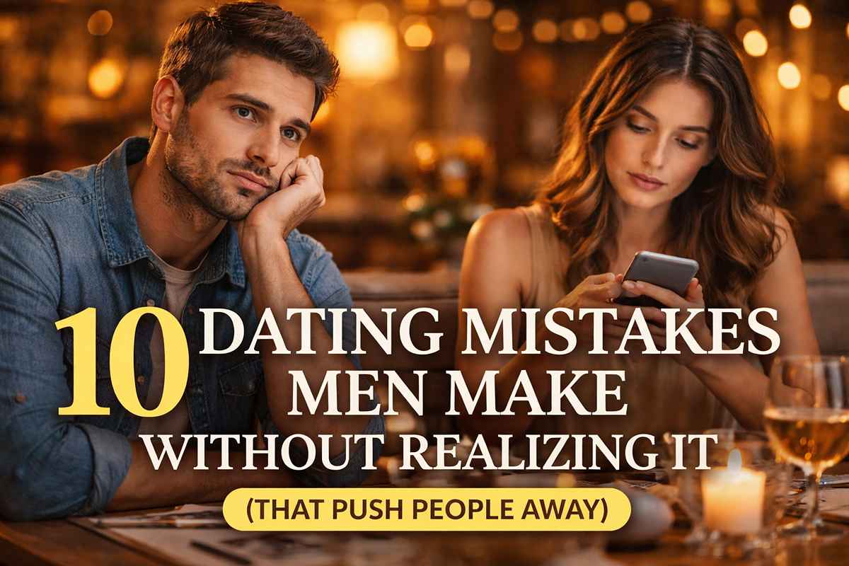 A man sitting thoughtfully while a woman looks at her phone during a date, showing emotional disconnect and common dating mistakes men make.