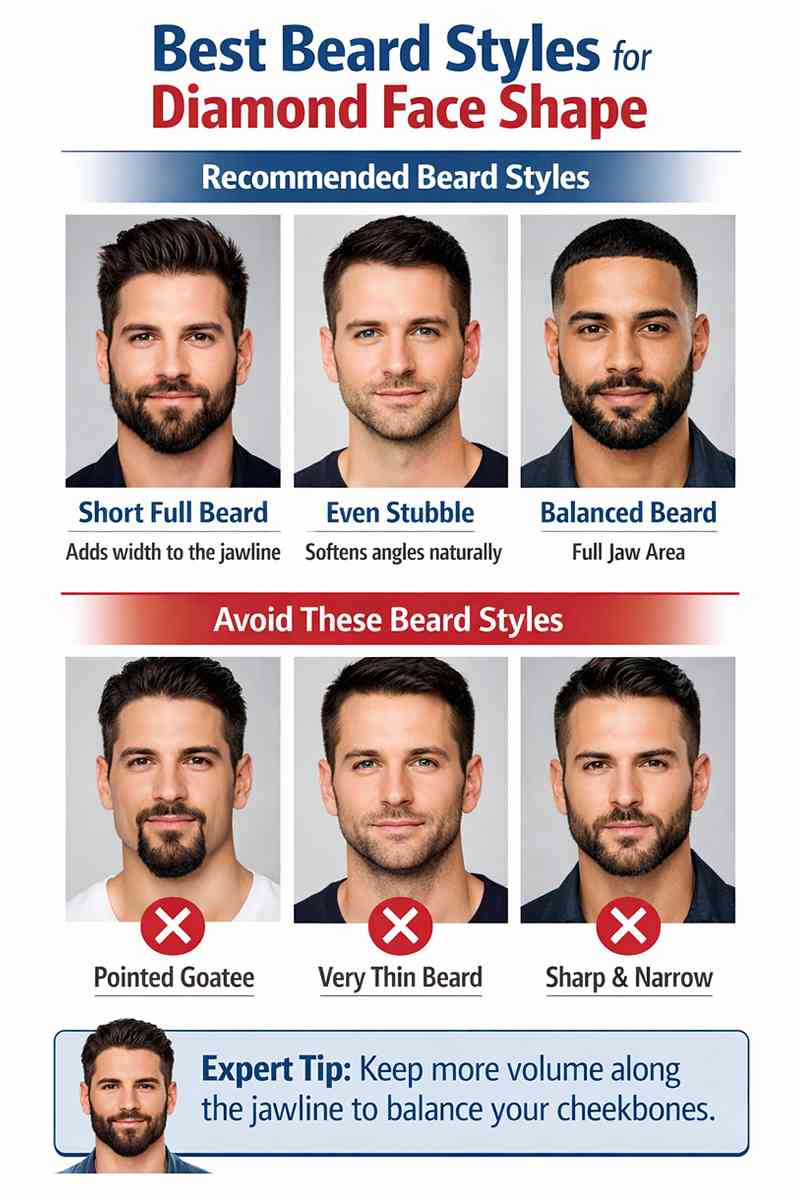 Best beard styles for diamond face shape men including short full beard, stubble, and styles to avoid for balanced jawline