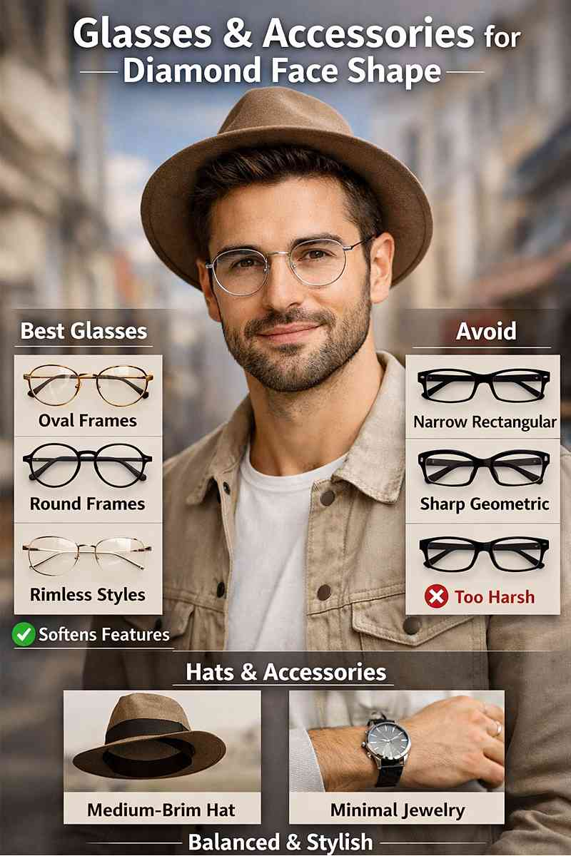 Man with diamond face shape wearing round glasses and hat showing best and avoid frames and accessories for balanced look