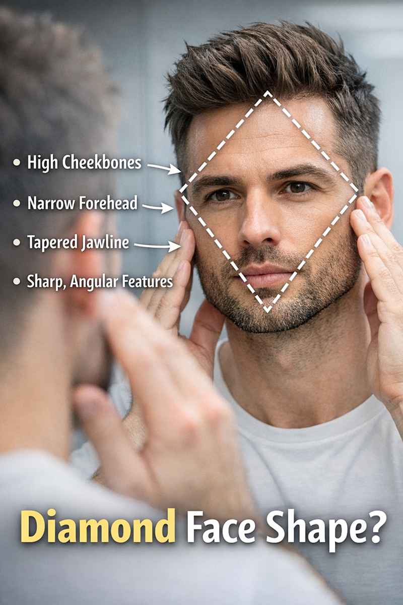 Man checking diamond face shape with high cheekbones, narrow forehead, and tapered jawline in mirror
