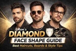 Men with diamond face shape showing best hairstyles, beard styles, and glasses for balanced and sharp look