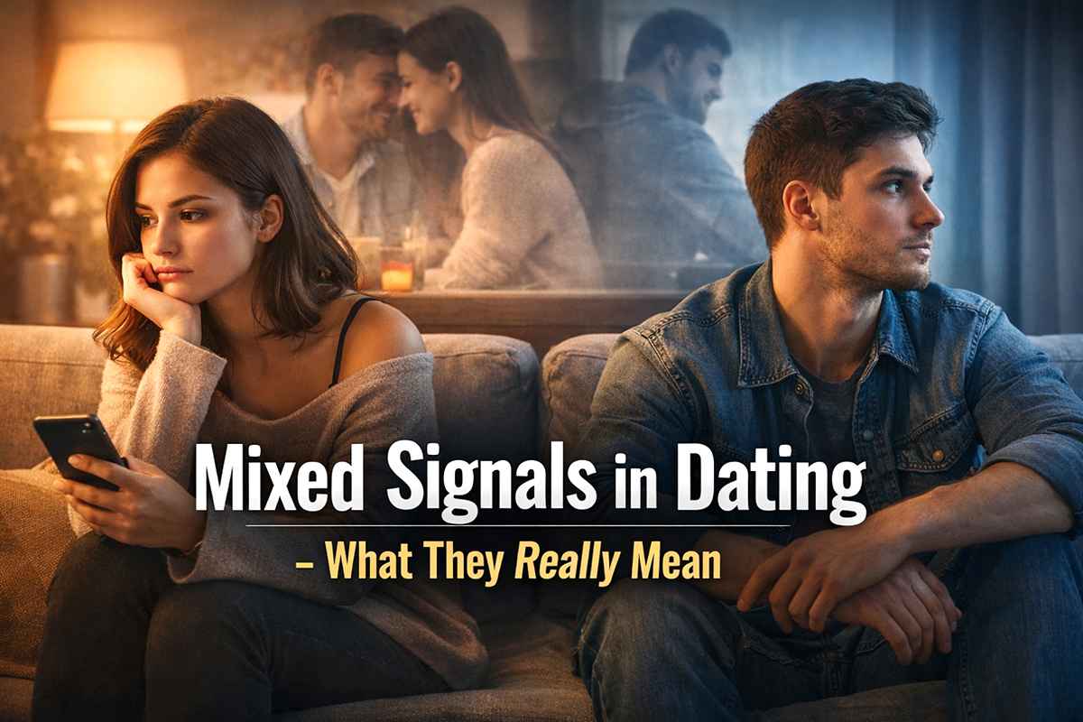 Couple sitting apart on a couch looking emotionally distant, representing confusion and mixed signals in modern dating relationships