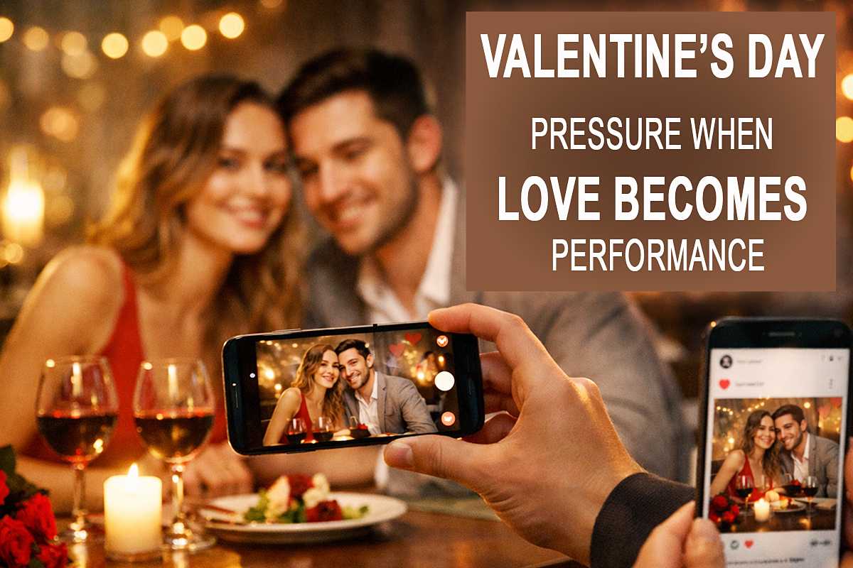 Couple taking a Valentine’s Day dinner photo while documenting their romantic moment on a smartphone for social media