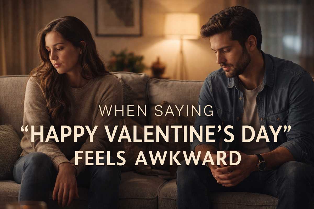 A couple sitting quietly apart on Valentine’s Day, reflecting emotional distance and awkwardness in their relationship.