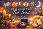 Which zodiac signs feel loved through gifts shown with astrological symbols, meaningful presents, and celestial elements representing emotional love languages.