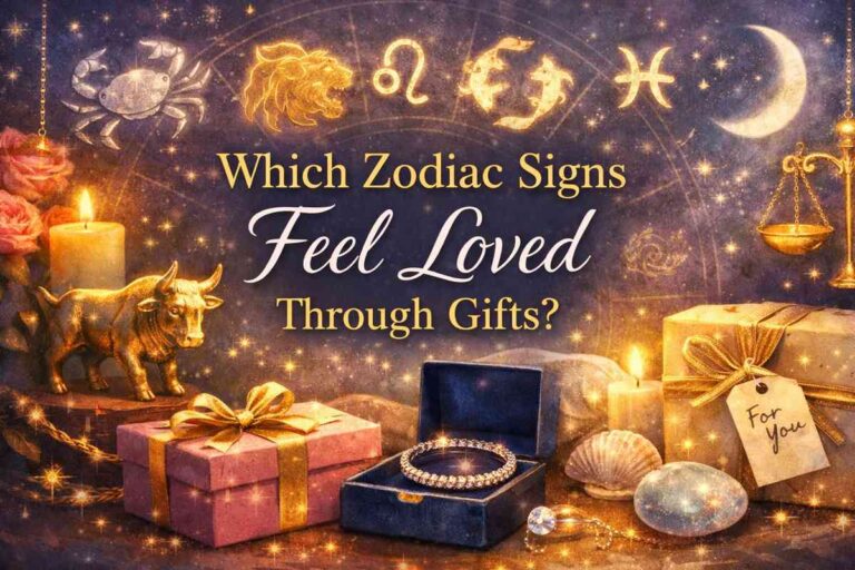 Which zodiac signs feel loved through gifts shown with astrological symbols, meaningful presents, and celestial elements representing emotional love languages.