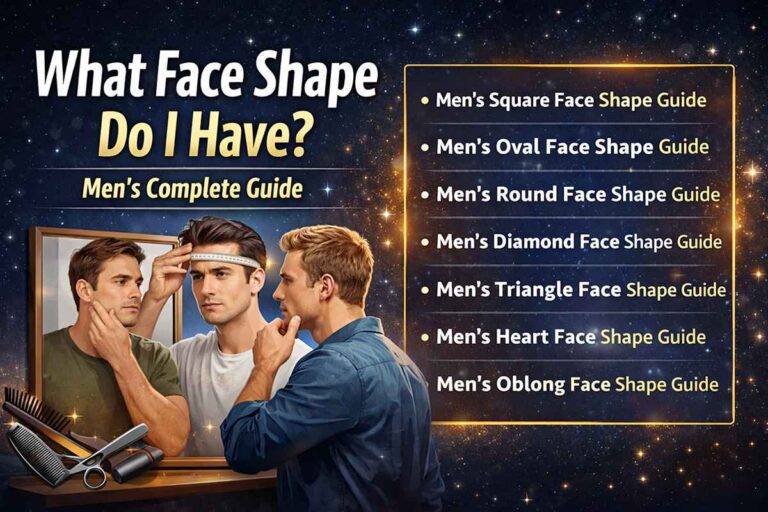 What face shape do I have men guide showing seven face shapes including square, oval, round, diamond, triangle, heart, and oblong in a clear visual layout
