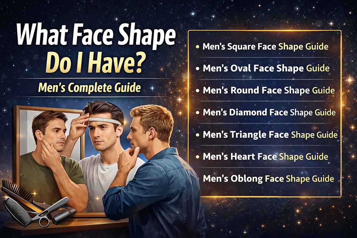 What face shape do I have men guide showing seven face shapes including square, oval, round, diamond, triangle, heart, and oblong in a clear visual layout