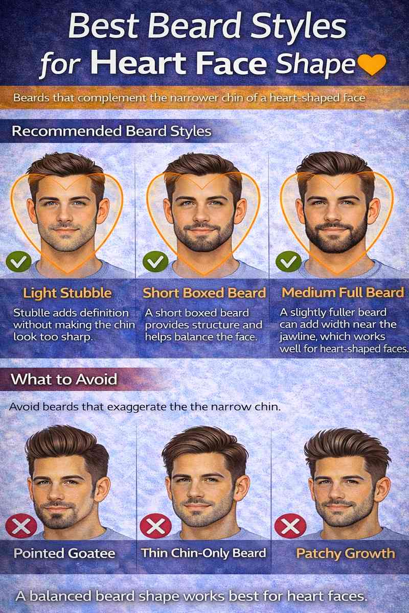 Best beard styles for heart face shape men showing light stubble short boxed beard and medium full beard with beard styles to avoid