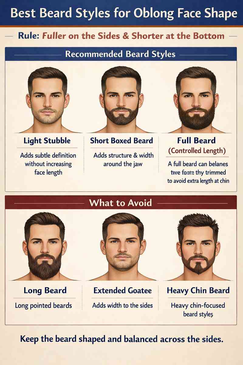 Best beard styles for oblong face shape men showing light stubble short boxed beard full beard and beard styles to avoid like long beard and goatee