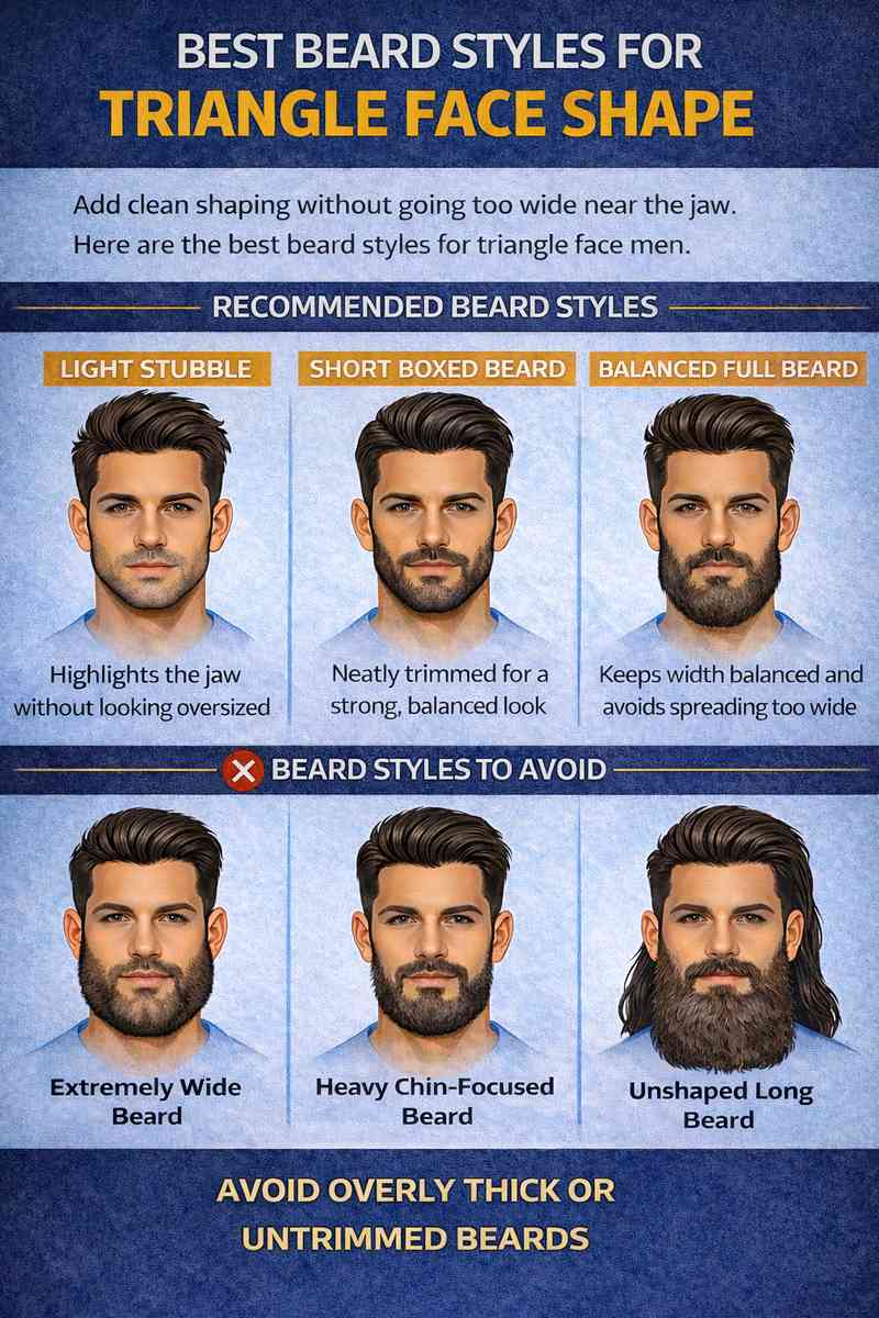 Best beard styles for triangle face shape men showing light stubble, short boxed beard and balanced full beard with beard styles to avoid.