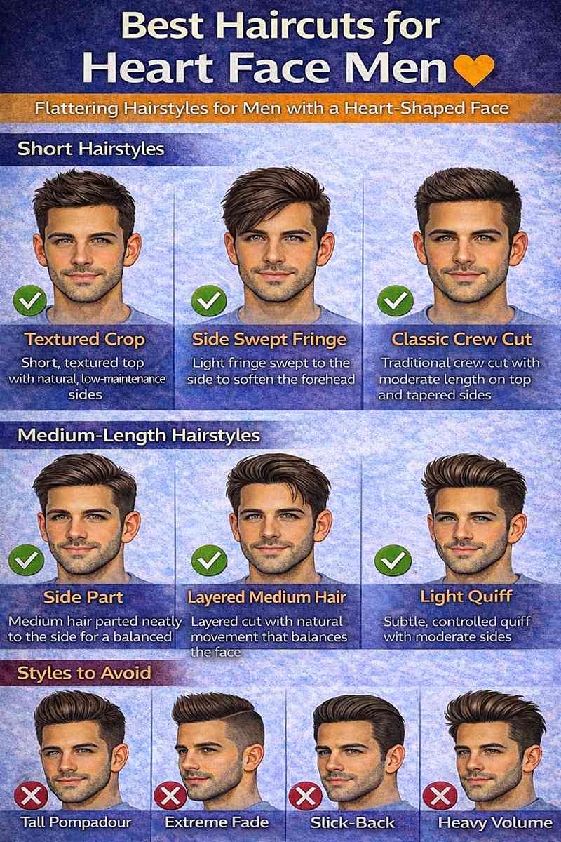 Best haircuts for heart face shape men showing textured crop side swept fringe crew cut side part layered hair and light quiff with hairstyles to avoid