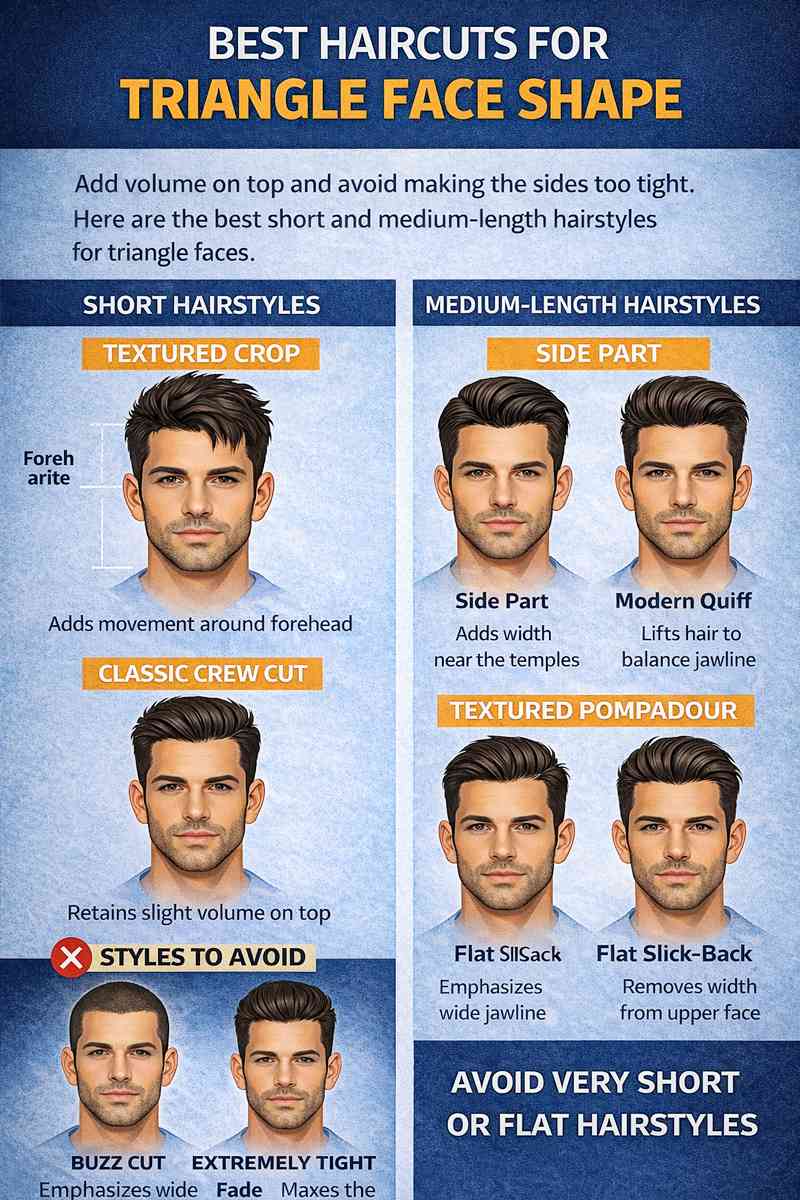 Best haircuts for triangle face shape men showing textured crop, messy fringe, crew cut, side part, modern quiff and pompadour with styles to avoid
