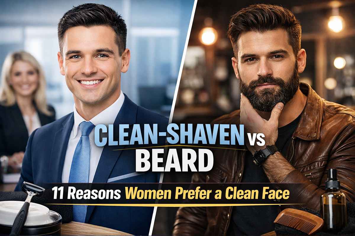 Clean-shaven vs beard comparison showing a professional clean-shaven man and a stylish bearded man, highlighting why women prefer a clean face