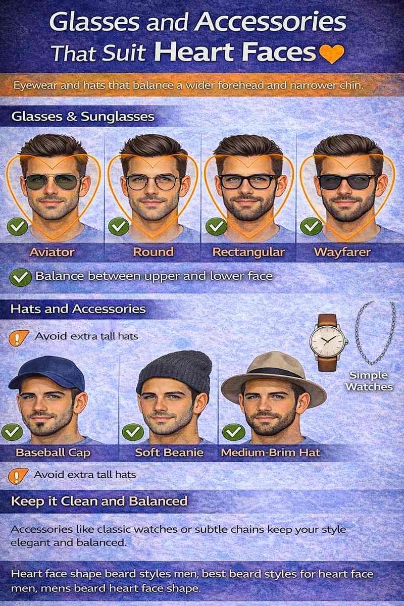 Best glasses and accessories for heart face shape men showing aviator round rectangular wayfarer frames and hats like baseball cap beanie and medium brim hat