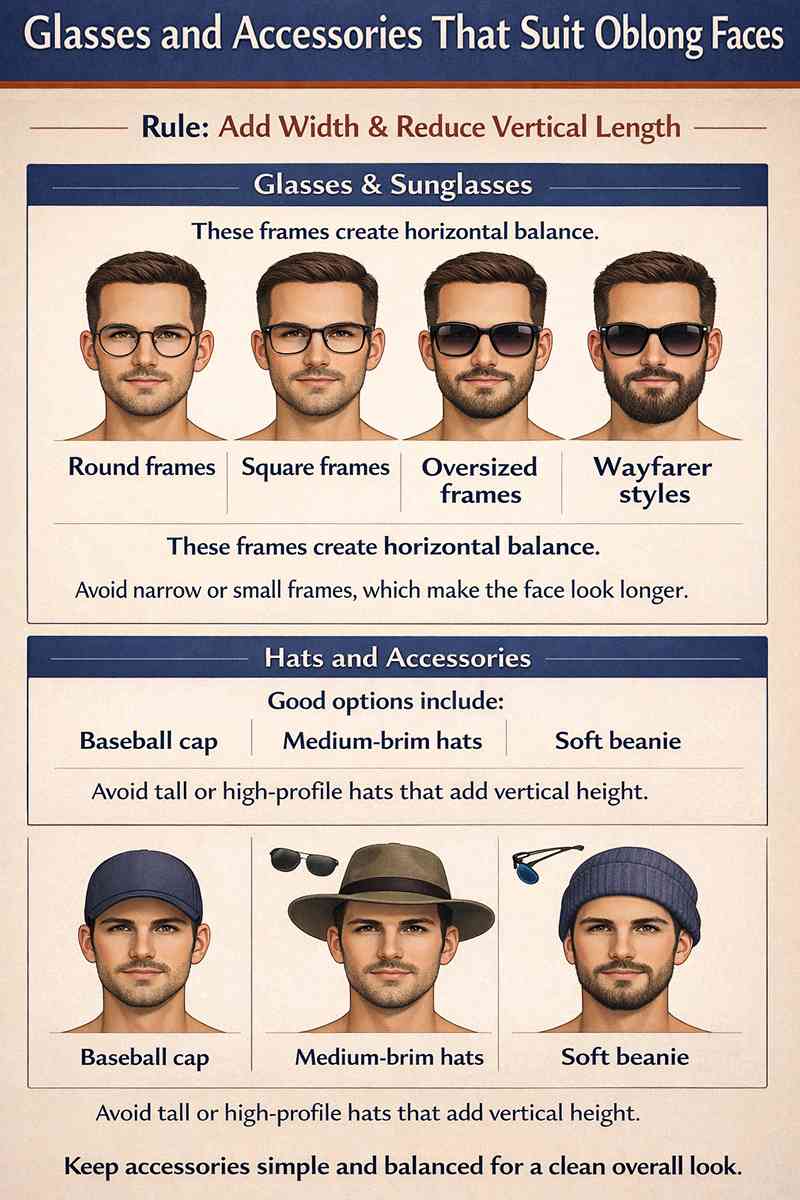 Best glasses and accessories for oblong face shape men showing round square oversized frames wayfarer styles and hats like cap beanie