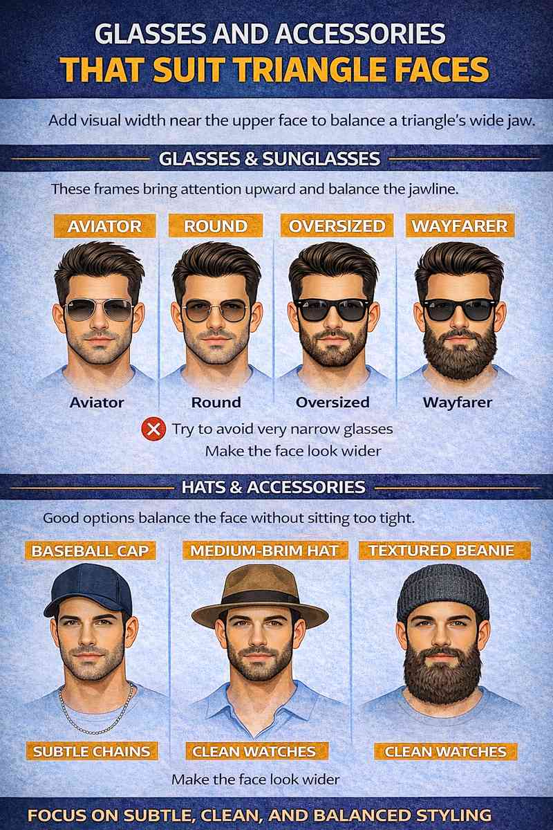 Best glasses and accessories for triangle face shape men showing aviator, round, oversized and wayfarer frames with hats and styling tips