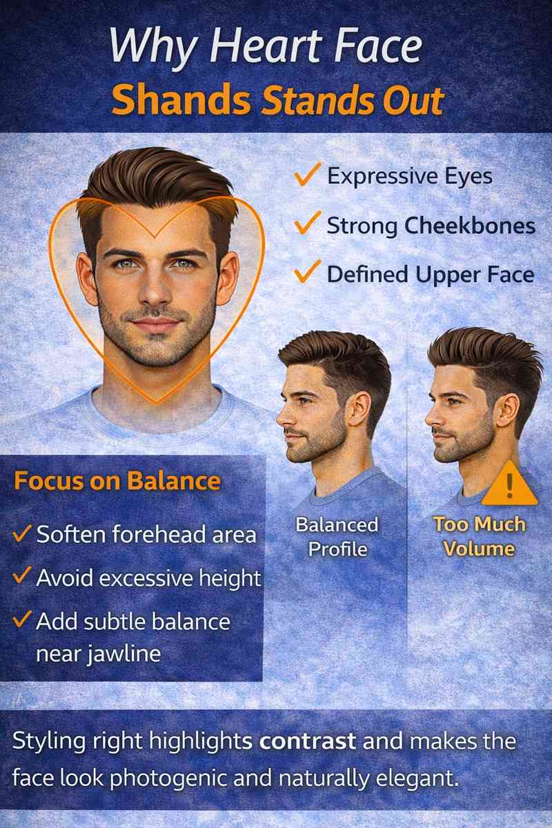 Heart face shape men diagram showing wide forehead expressive eyes strong cheekbones and styling tips to balance heart face shape