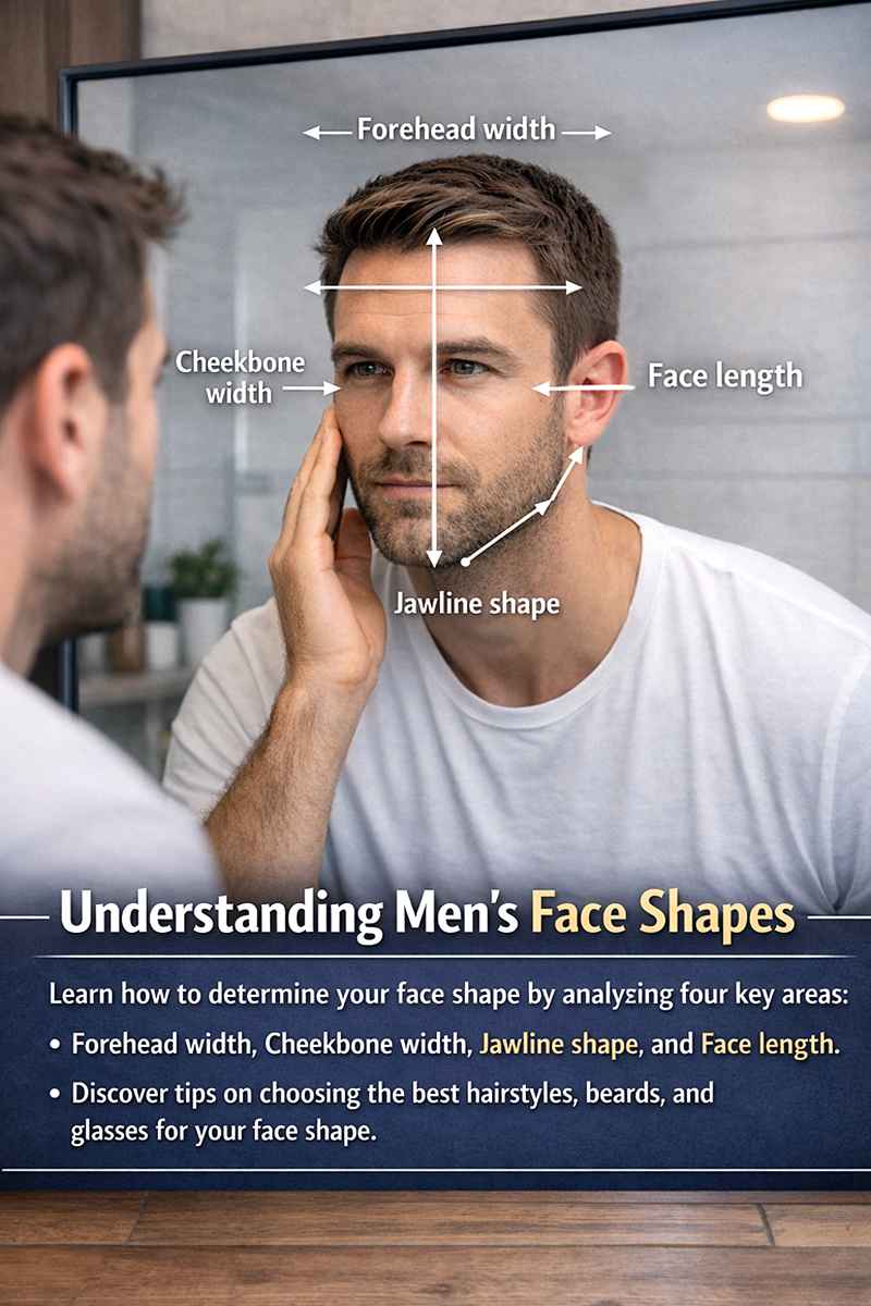 Man looking in mirror with face shape measurement lines showing forehead width, cheekbone width, jawline shape, and face length in a men’s face shape guide