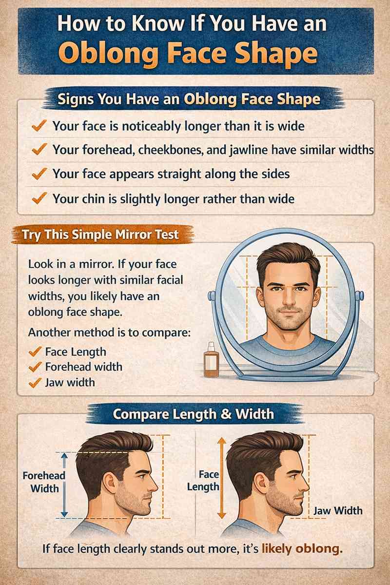 Oblong face shape men diagram showing long face length straight sides equal forehead cheekbone jaw width and how to identify oblong face shape