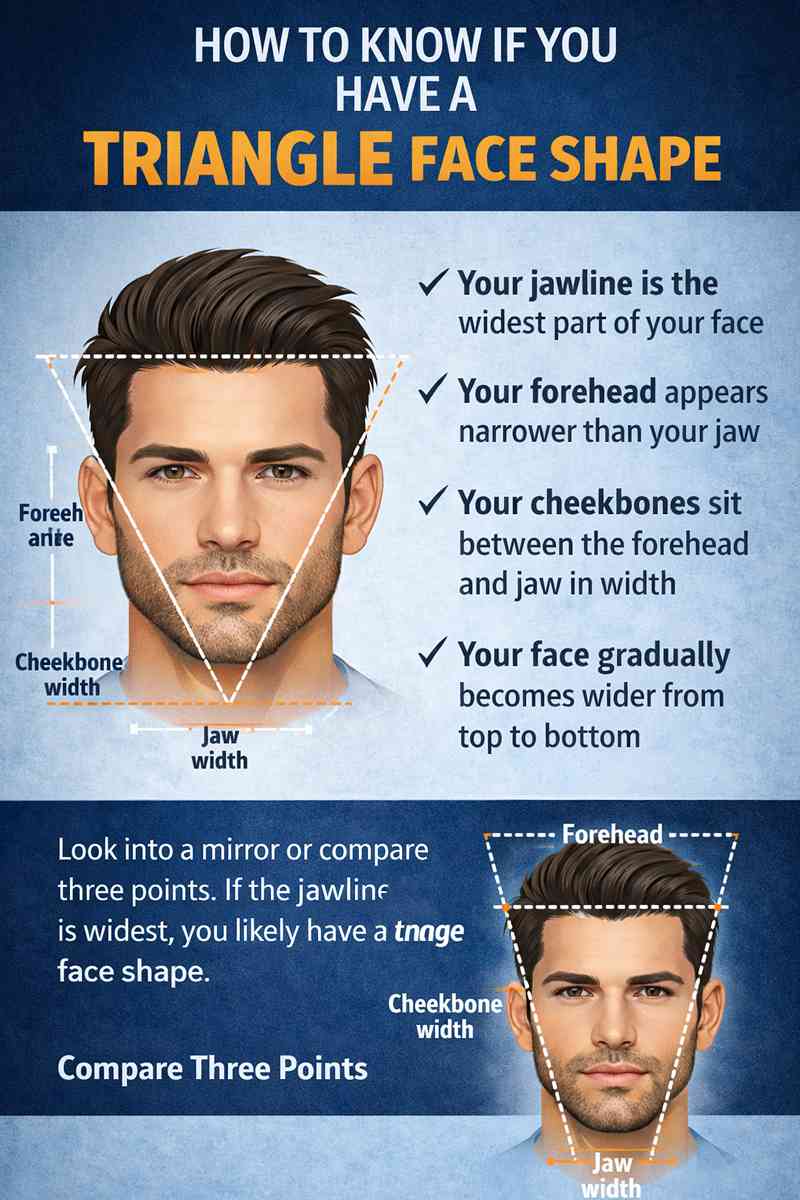Triangle face shape men diagram showing wide jawline, narrow forehead, cheekbone width and how to identify triangle face shape