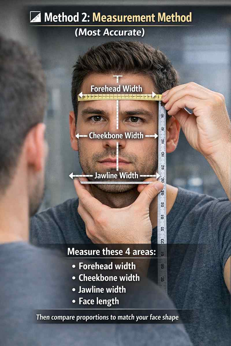 Man measuring face shape with tape showing forehead width, cheekbone width, jawline width, and face length in a step-by-step men’s guide