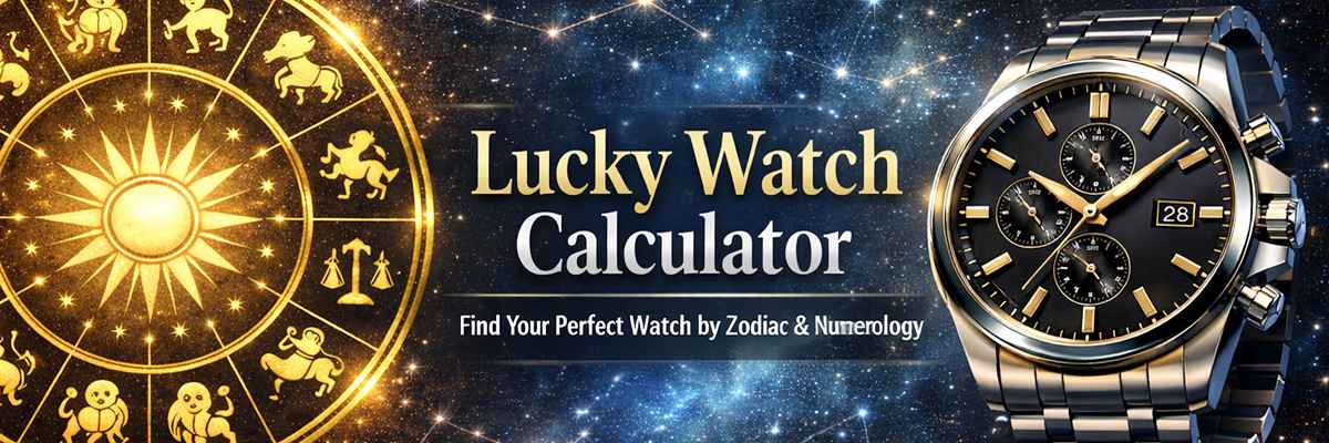 Lucky Watch Calculator showing astrology zodiac wheel and luxury wristwatch