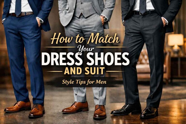 How to match dress shoes with suit for men showing navy, grey and black suit with brown and black formal shoes combinations
